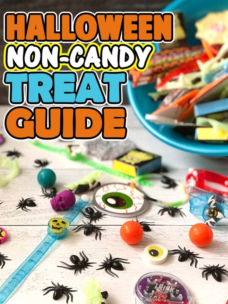 A teal bowl full of halloween themed non-food creative treats for an inclusive food allergy friendly Halloween. Text reads "halloween non candy treat guide"