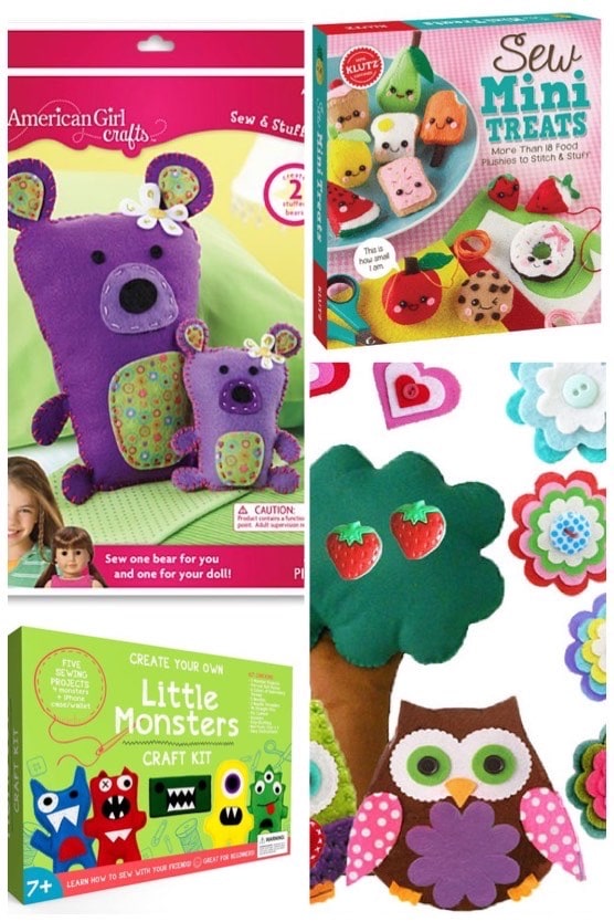 Collage showing various sewing kits to make stuffed animals, monsters, food, and more.