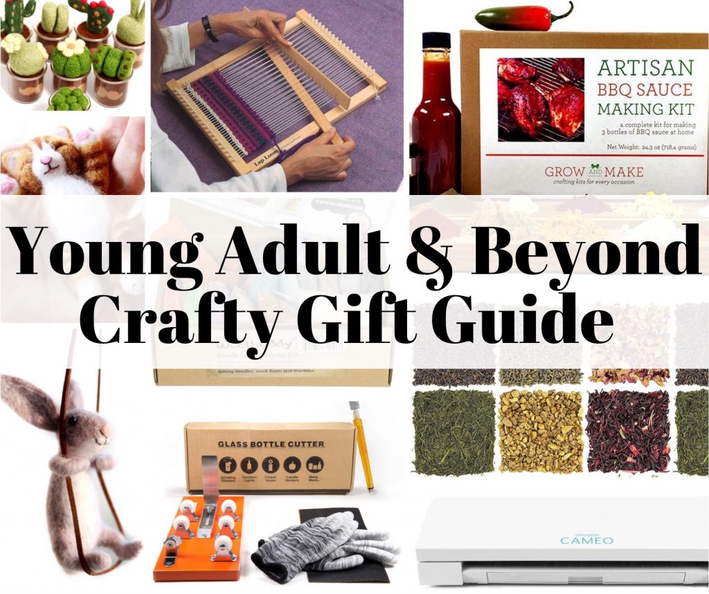 Collage of crafting kits covered in the Young Adults and Beyond Crafting Gift Guide with title text "Young Adults & Beyond Crafty Gift Guide"