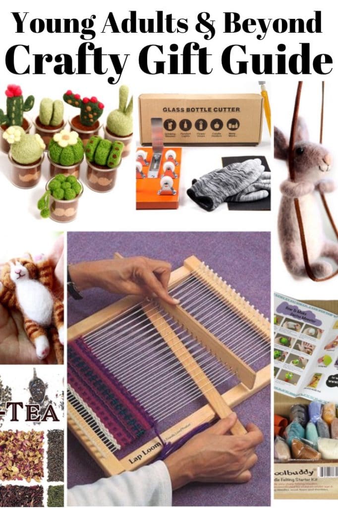 Collage of crafting kits covered in the Young Adults and Beyond Crafting Gift Guide with title text "Young Adults & Beyond Crafty Gift Guide"