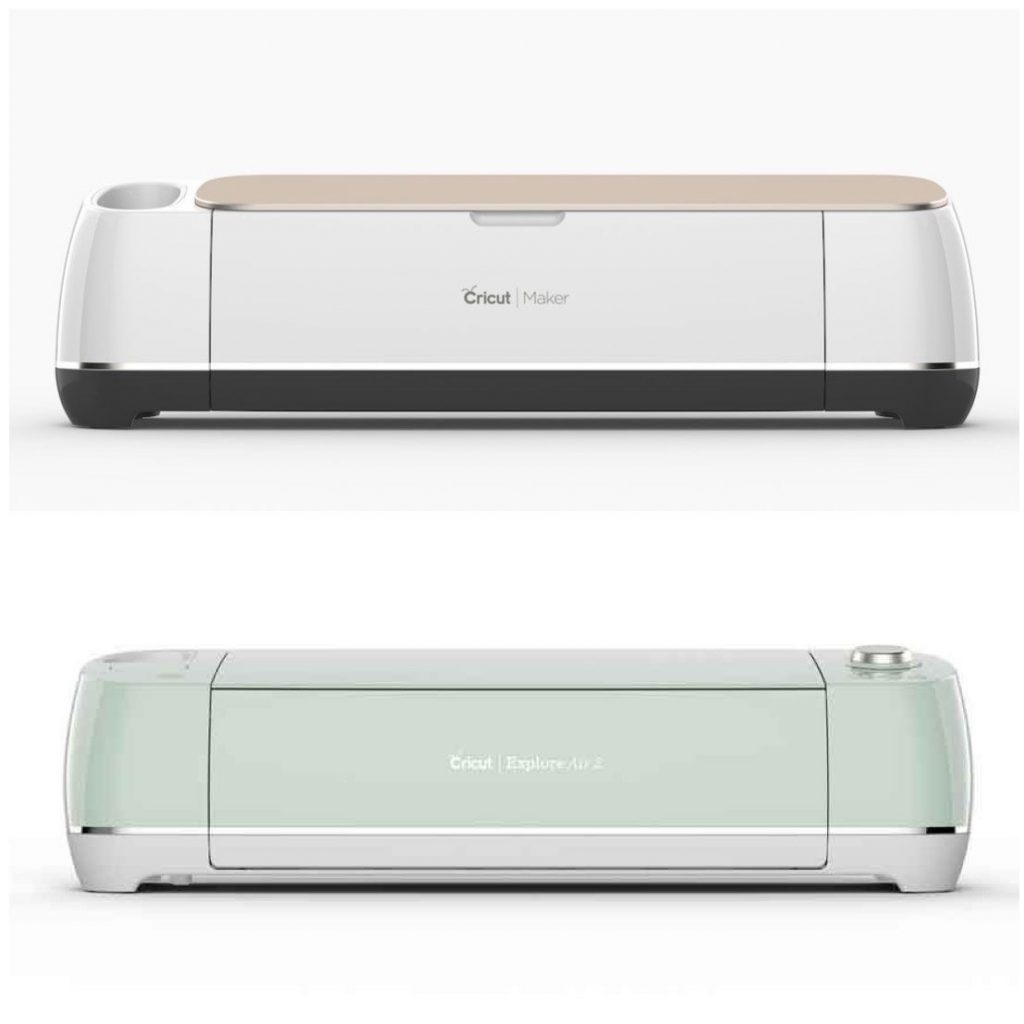 The cricut explore air and the cricut maker stacked against each other