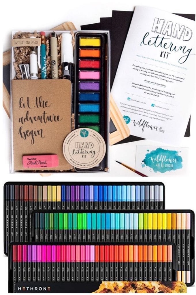 Hand Lettering Kit shown with everything needed to get started, below it is a nice tin of dual brush tip markers