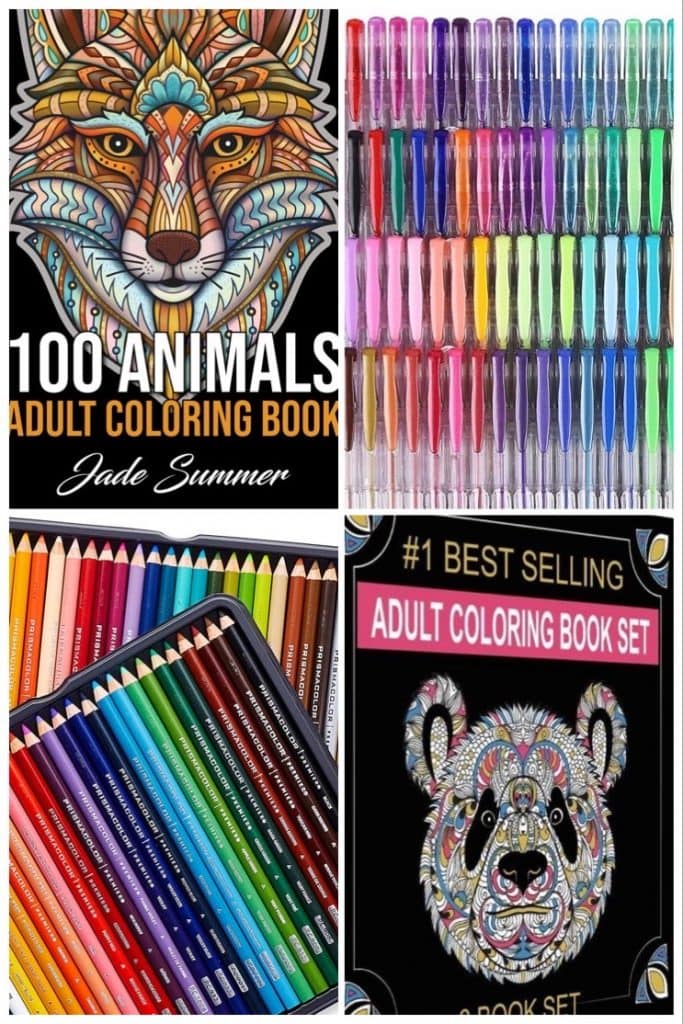 Two different adult coloring books can be seen with animal themes, surrounded by gel pens and prisma colors