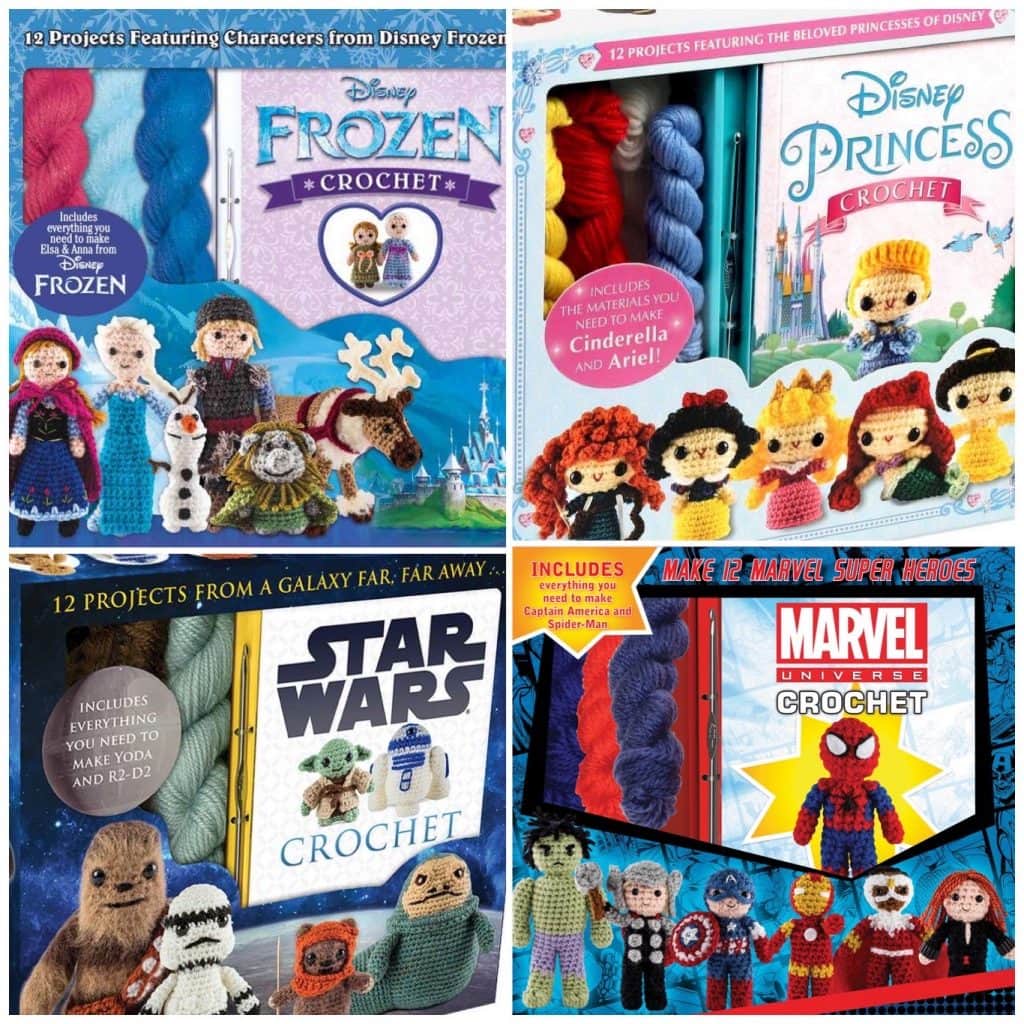 Assortment of Crochet Kits featuring Frozen, Marvel, Star Wars, and Disney Princesses
