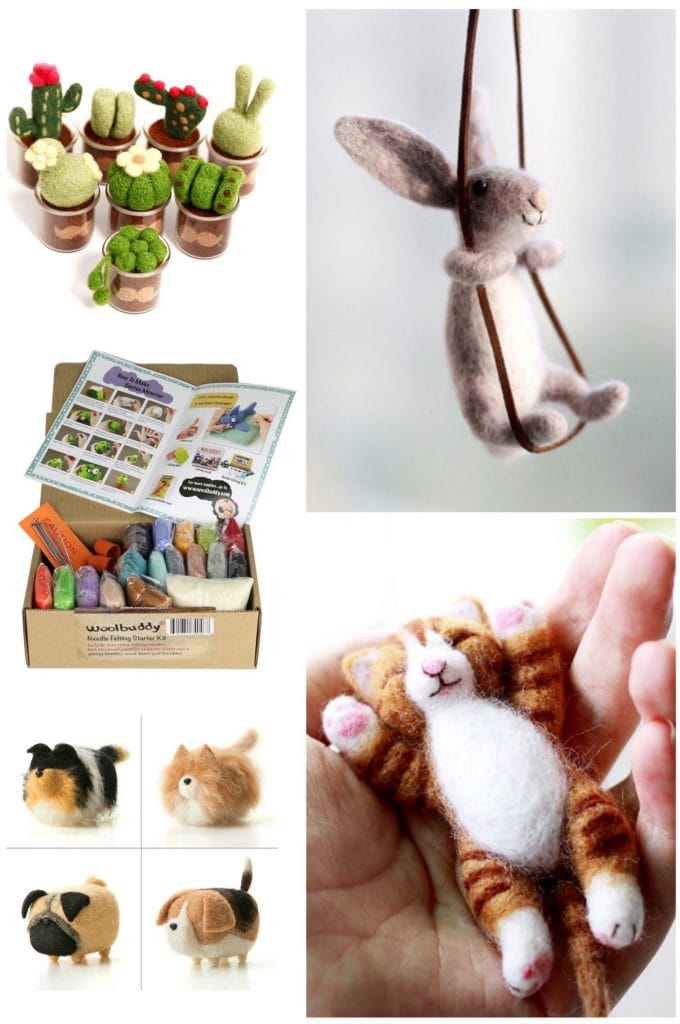 Several needle felting projects including a rabbit on a swing, a kitten, cacti, and a box of supplies