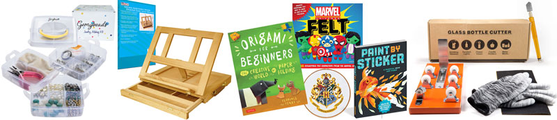 banner showing various other crafts from the full amazon gift list including lap looms, felt kits, glass kits and more