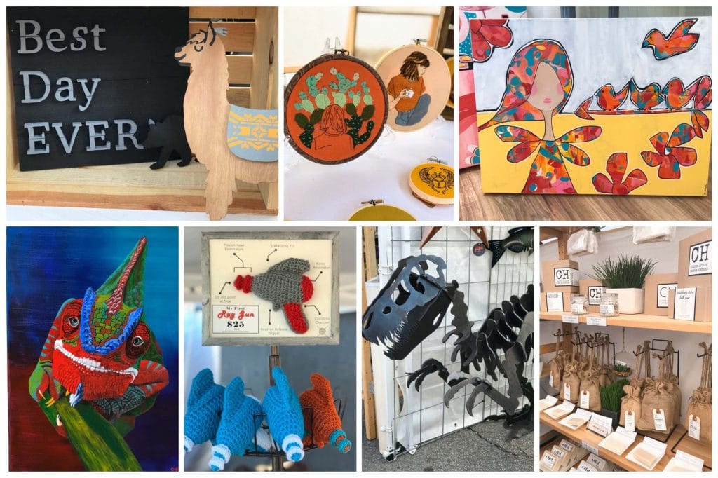 Collage of the artists featured including woodworking, metal craft, soaps, paintings, and embroidery