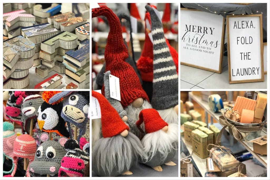 Collage of the five arts & crafts vendors highlighted. Gnomes, crocheted hats, signs, soap, and reclaimed journals can be seen.