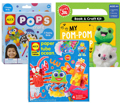 An assortment of craft kits suitable for younger ages that do not include conventional art supplies