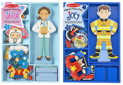 Two Melissa and Doug magnetic dolls sitting side by side showing different outfits and occupations to dress up as