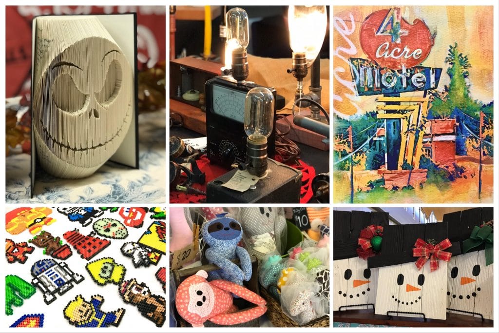 Collage of 6 artists highlighted from LHS including carved book art, steampunk vintage, mixed media, perler beads, plush and wood crafts.