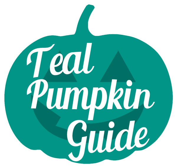 A teal pumpkin, jack o lantern, with the words "Teal Pumpkin Guide" over it