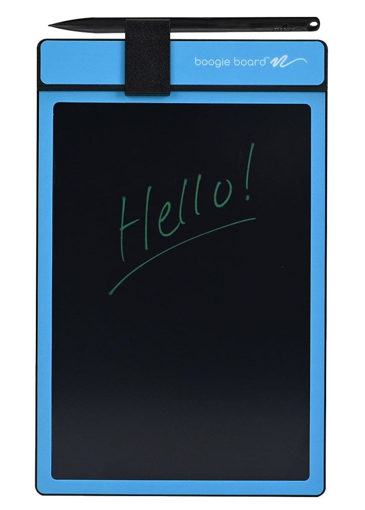 A cyan boogie board light pad with the text "hello" written on it.