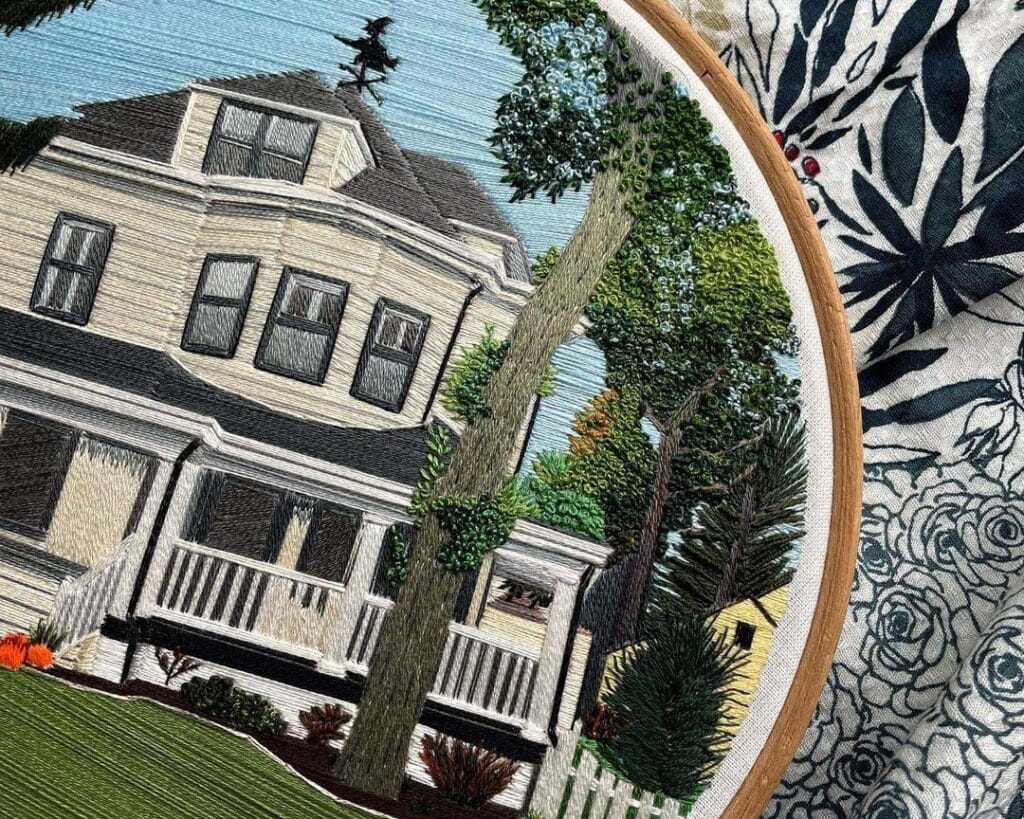 Architectural Embroidery Hoop featuring a beautiful multi-story home