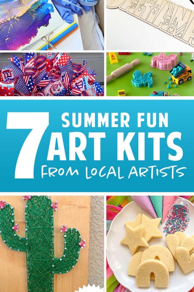 a collage of summer art kits with the text "7 summer fun art kits from local artists"