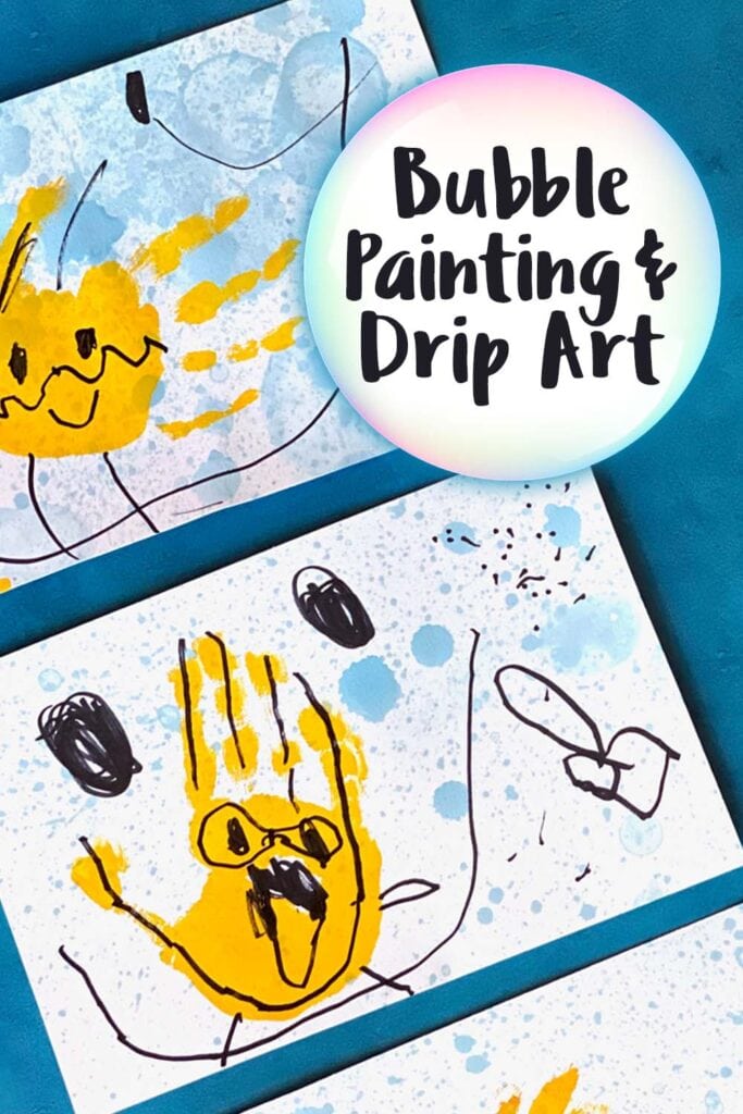 Bubble painted cards with drip art are embellished with the text "bubble painting & Drip Art"