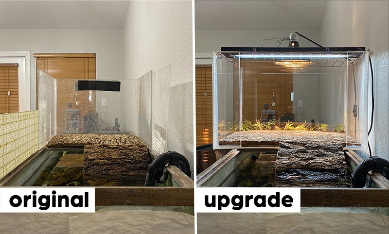 comparison of our first basking box build and the new, larger basking area we just finished