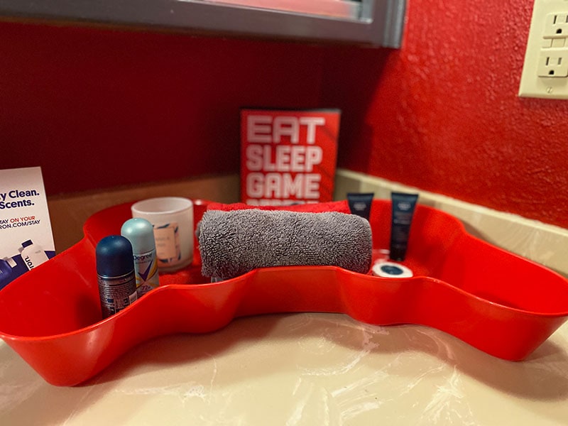 video game themed bathroom at gamer haven