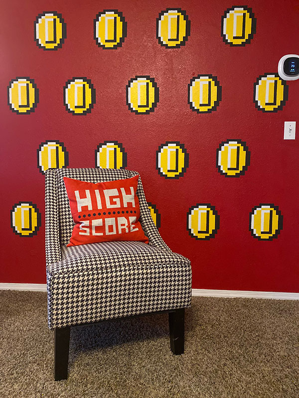 video game theme living room at gamer haven