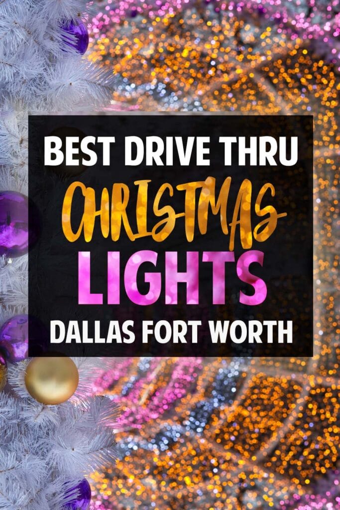 A tunnel decorated with gold and purple ornaments, white tinsel, and pink and gold lights. Title reads "Best drive thru christmas lights dallas fort worth"