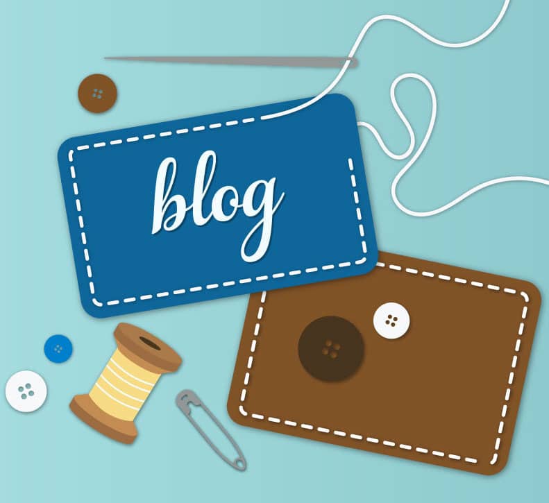 light blue banner with illustrated navy blue patch with the words "blog." There is a brown patch beneath the navy one, along with a spool, buttons, safety pin, and need with thread, all around the patch.
