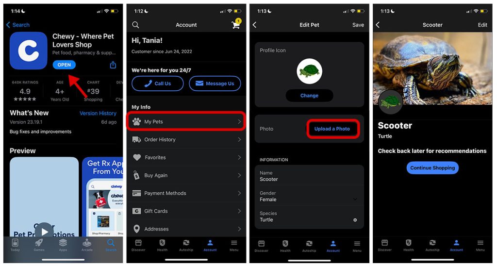 visual instructions on how to upload a pet picture to your chewy app