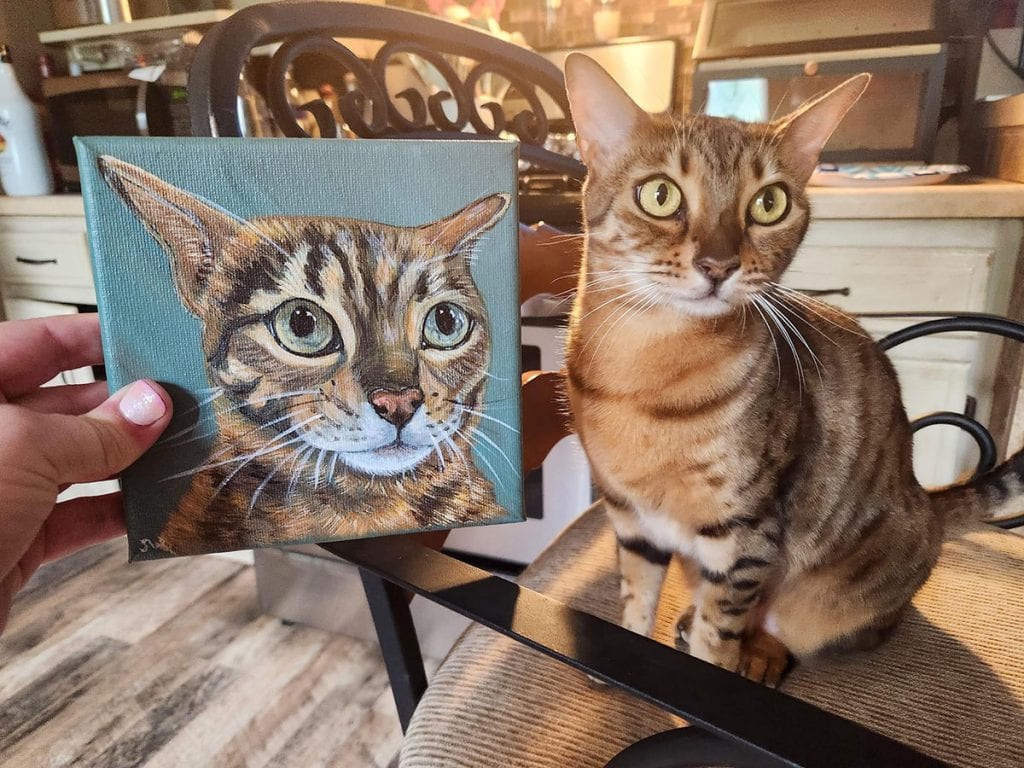 Handpainted portrait from Chewy of Courtney's cat, Catniss.