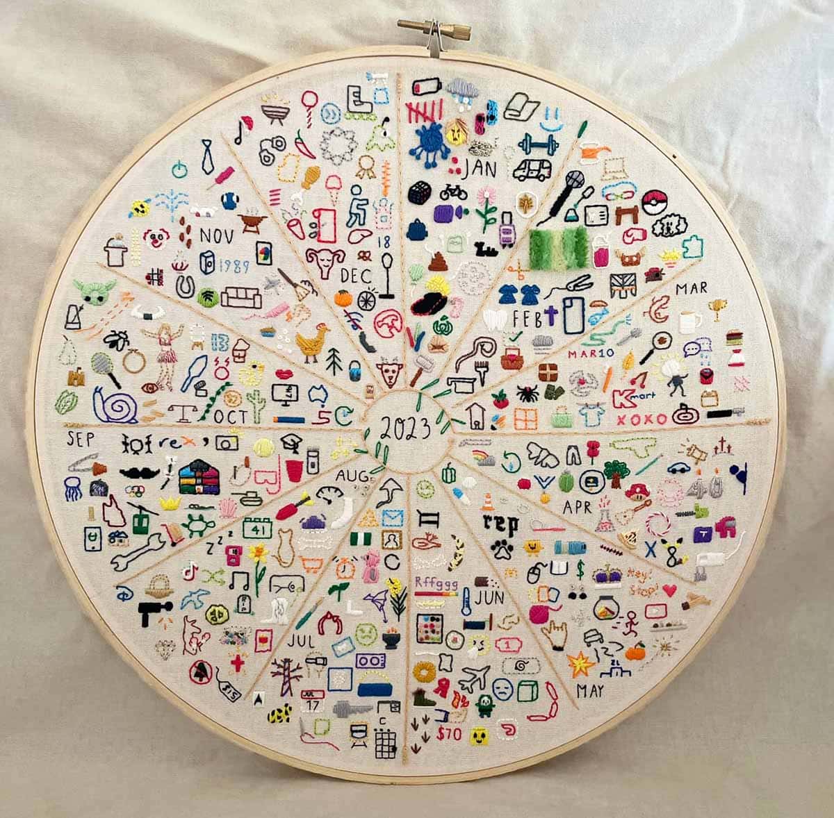 Embroidery Journal hoop stands against a linen background. Lots of 2d stitches fill the design.