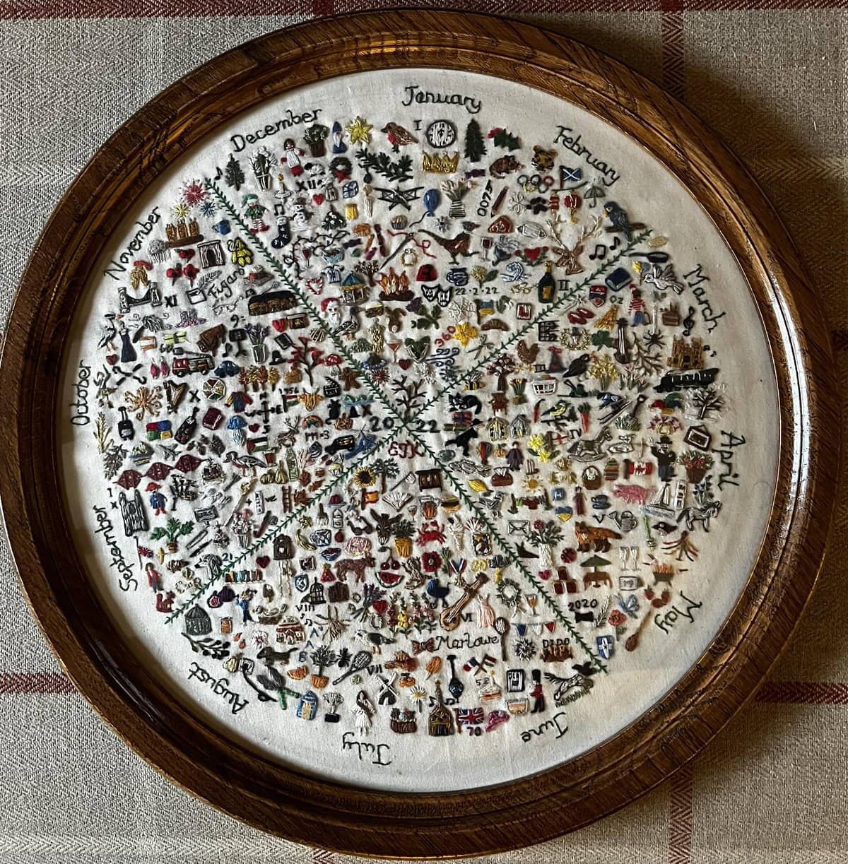 A finished Embroidery journal is featured in a gorgeous round, wooden frame without glass