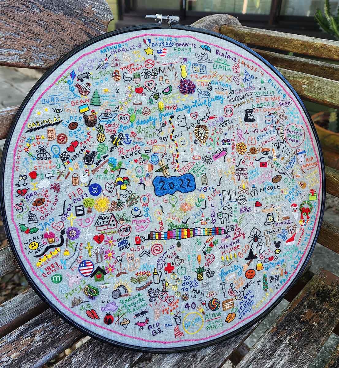 finished embroidery journal tucked away inside it's original embroidery hoop frame