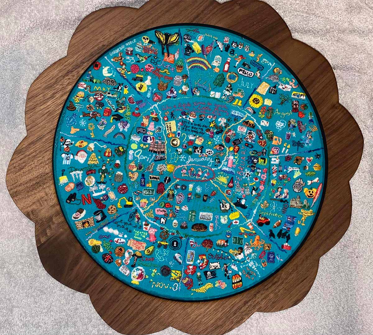 an embroidery journal is stitched onto a large mat with a beautiful blue background