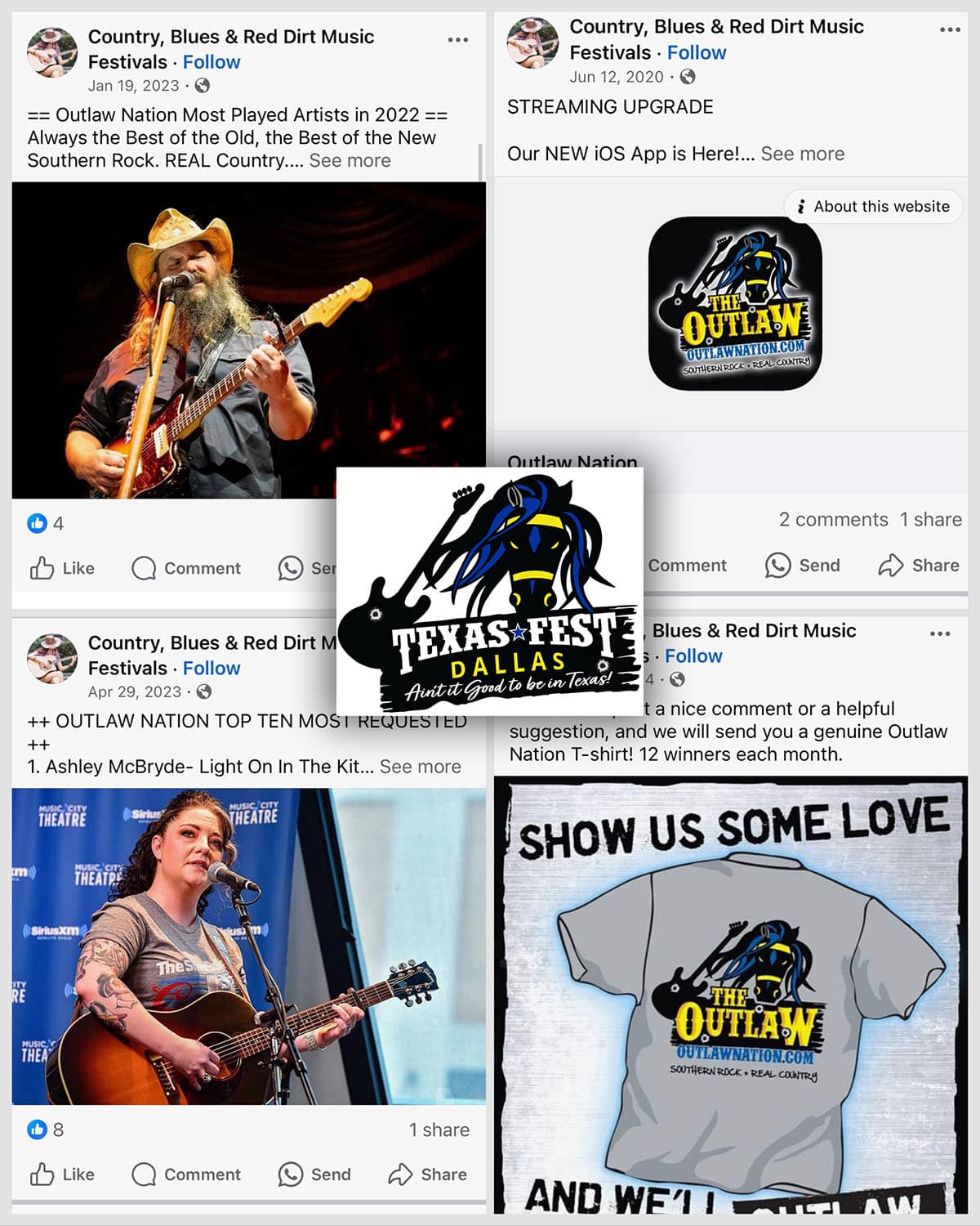 collage of social media posts connecting outlawnation(dot)com, host of texasfest, to these new events
