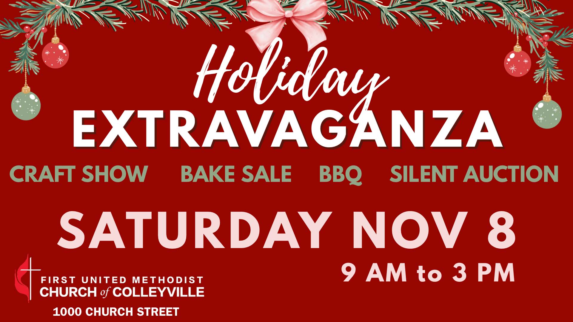 event flyer for holiday extravaganza fumc colleyville, details at link
