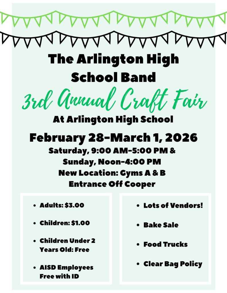 event flyer for 3rd annual arlington high school band craft fair, details at link
