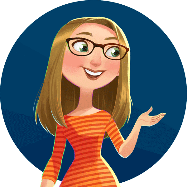Illustrated character version of DFW Craft Show's owner, Tania, is talking while looking and gesturing to her left. She is wearing an orange striped shirt and glasses. There is a navy ombre background behind her.